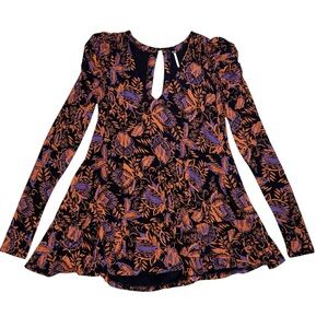 EUC Free People Hello Lover Tunic Top Long Sleeve Puff Sleeve Black Orange XS